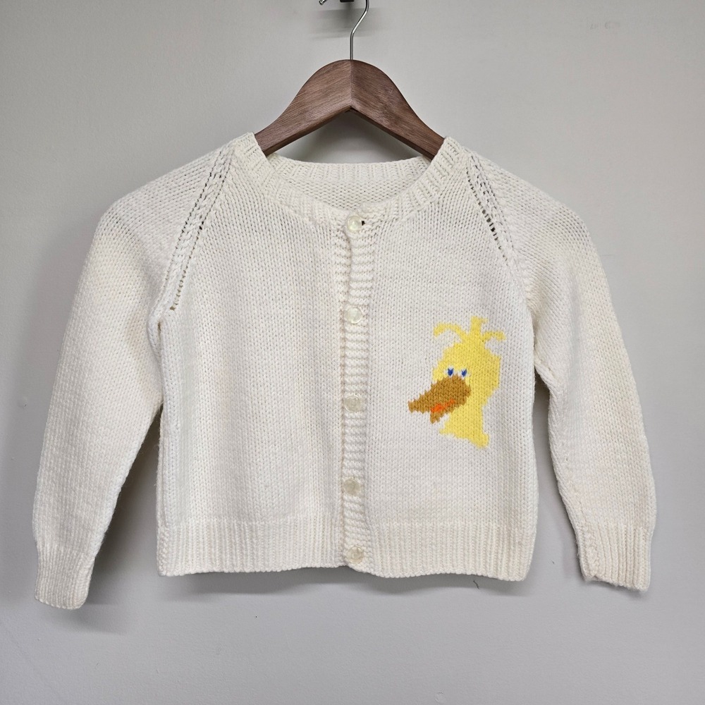 Vintage Handmade Big Bird Cardigan Sweater Kids 3T-4T White Knit Retro